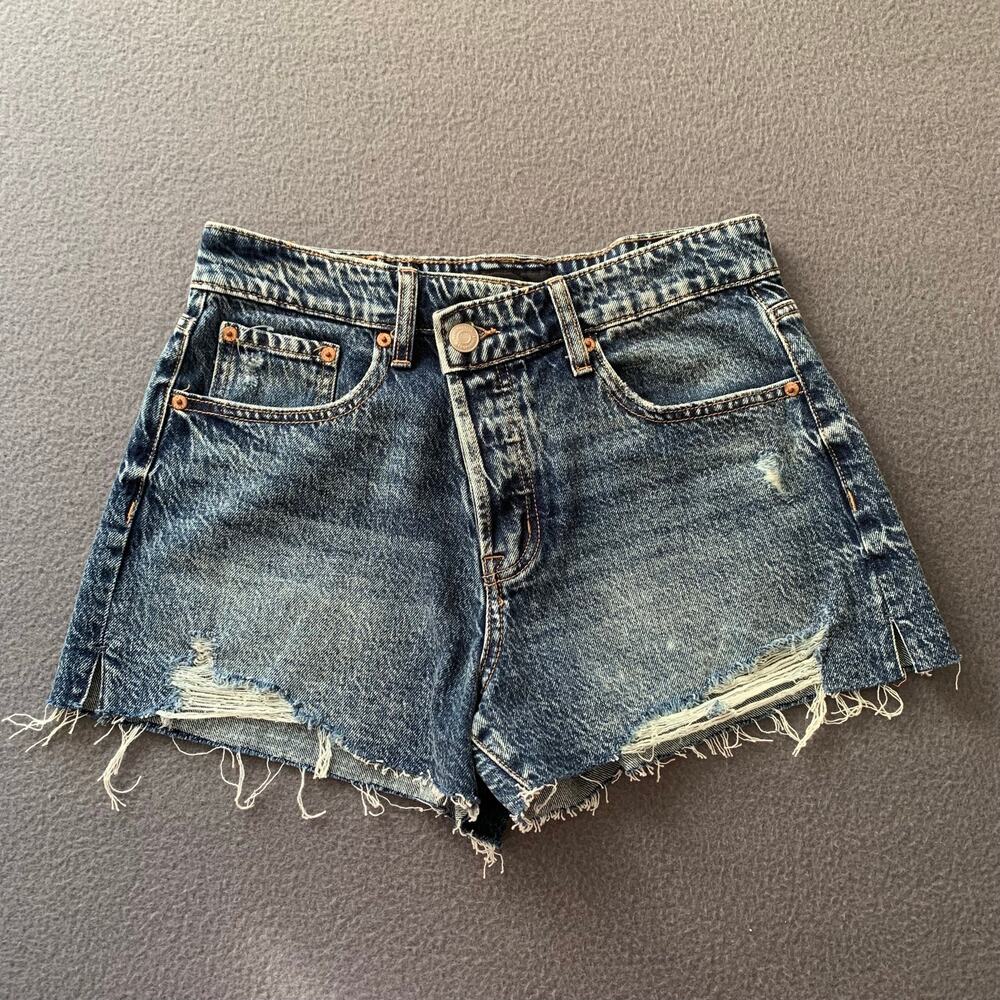 Asymmetrical Cutoff  Vintage High Rise Shorty Short Button Fly Denim Distressed